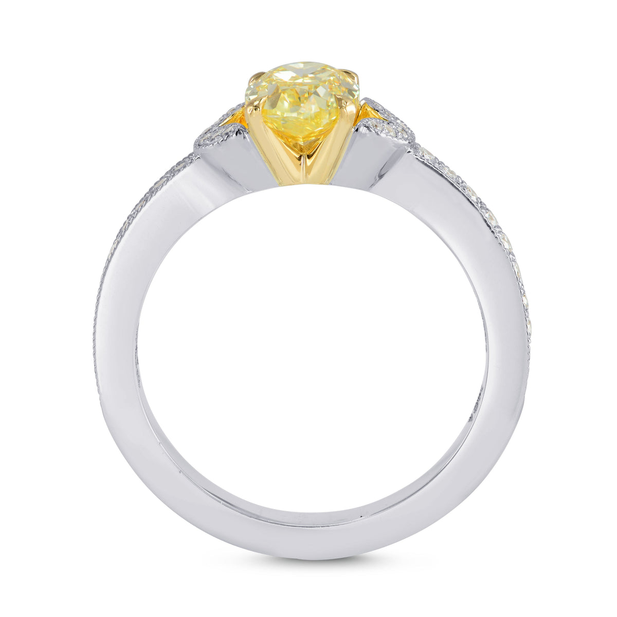 Ring mit gelbem Diamanten im Rundschliff und Pavé-Fassung an den Seiten