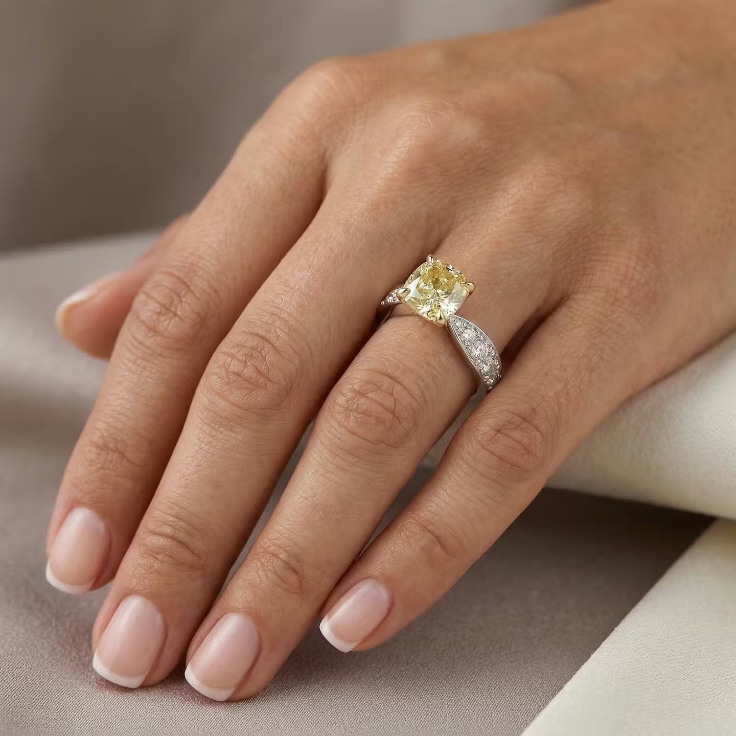 Fancy Yellow Cushion Diamond Side Stone Ring