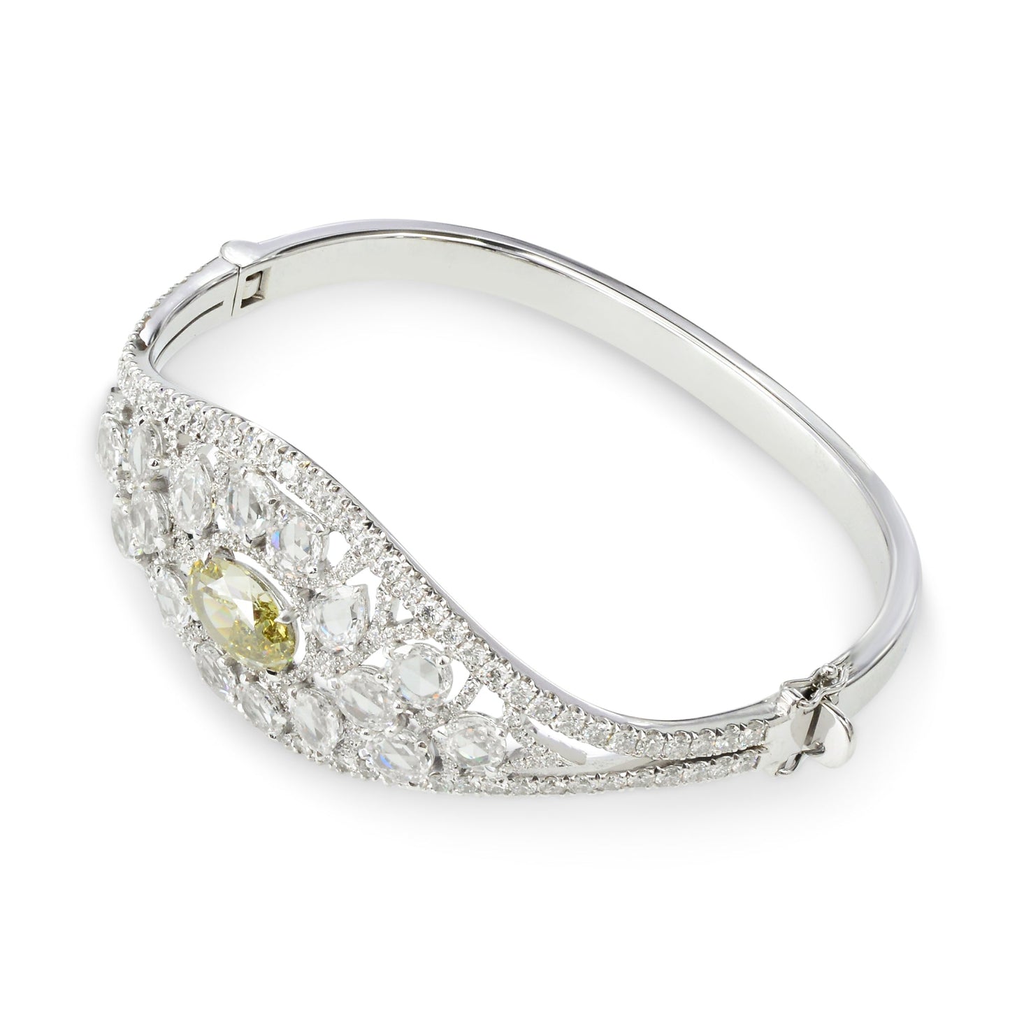 Extraordinary Grayish Greenish Yellow Oval & Rose-cut Diamond Bangle