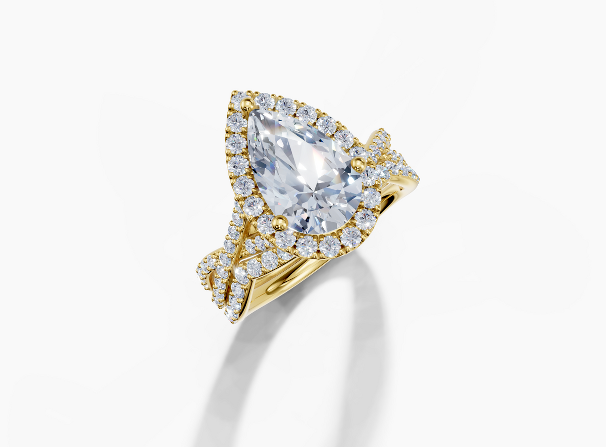 18K Pear 2 Carat D/E/F VS/VVS Twisted Plate Prong Single Halo Diamond Ring