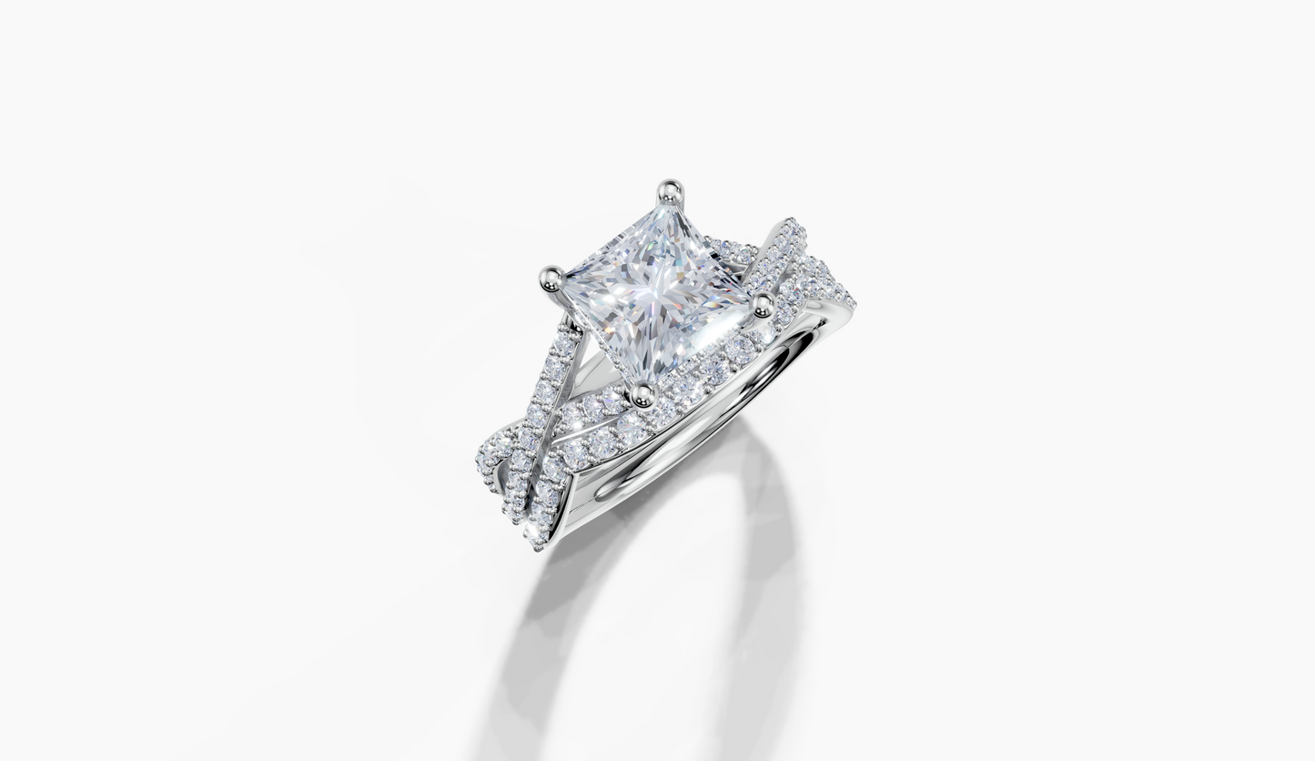 18K Princess 1.5 Carat D/E/F VS/VVS Twisted Plate Prong Hidden Halo Diamond Ring