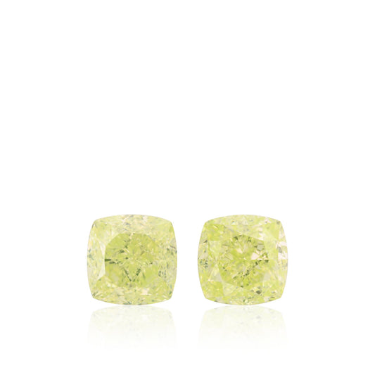2,03 Karat Fancy Intense Yellow Green Cushion Diamonds VS2 GIA Paar