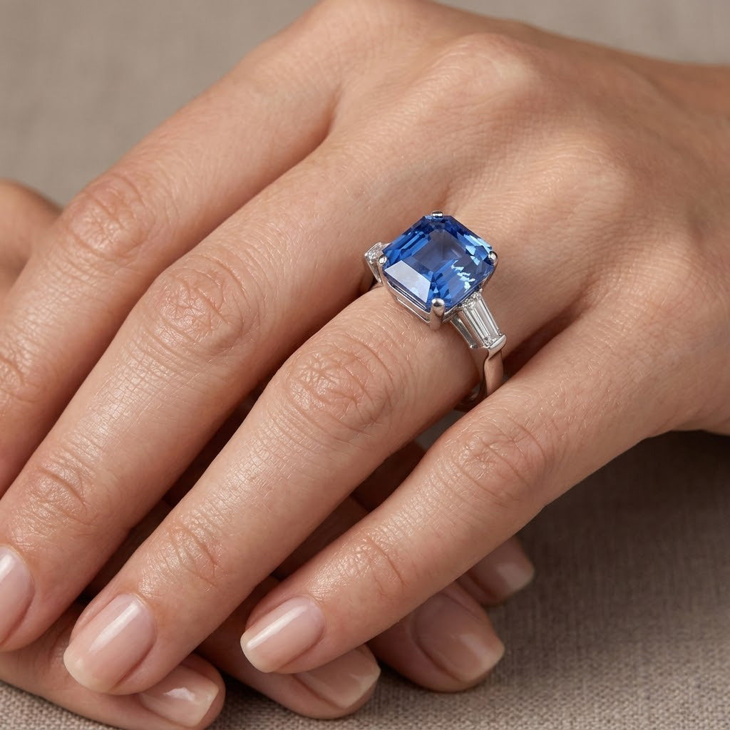 Dreisteinring mit Smaragdgrün, blauem Saphir und Diamanten (ohne Hitzeeinwirkung) GRS