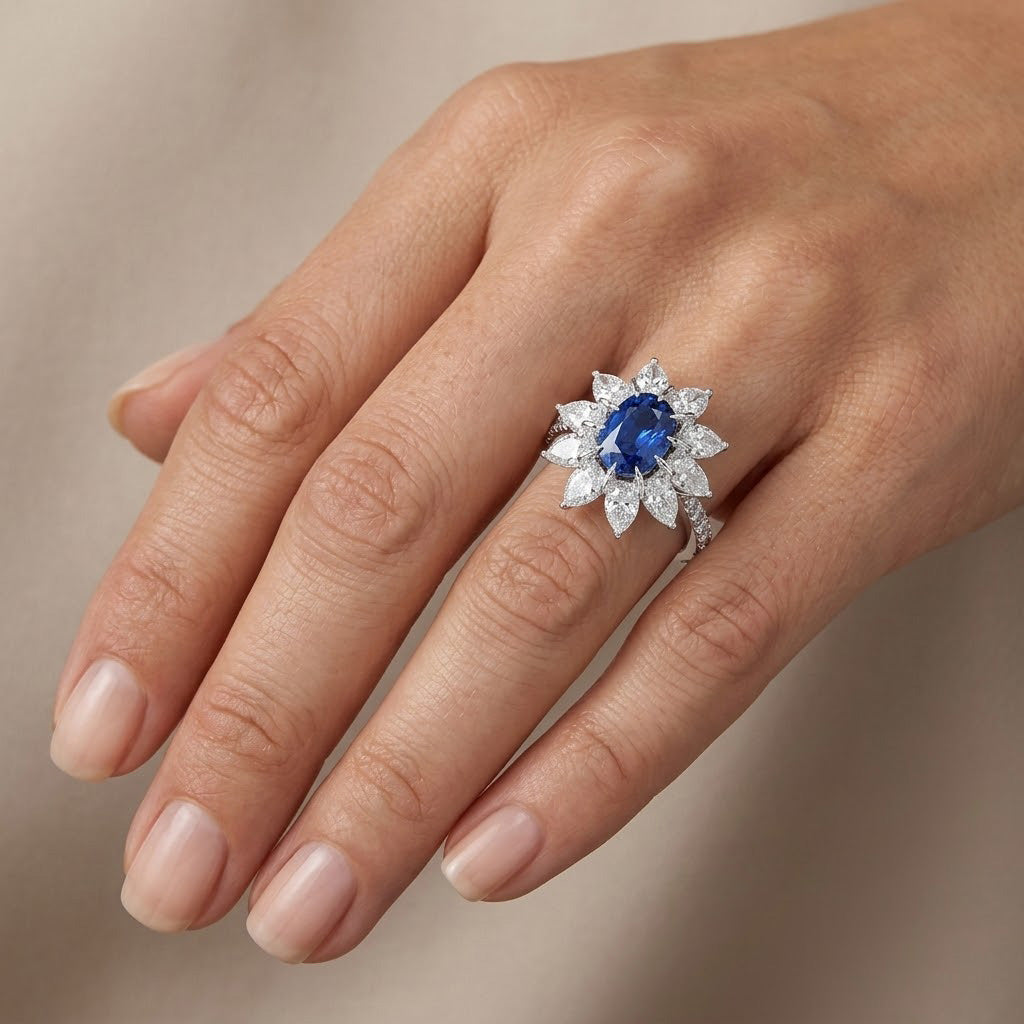 Außergewöhnlicher Ring mit unbehandeltem Kaschmir-Saphir und Diamant-Halo GRS AGL GUBELIN