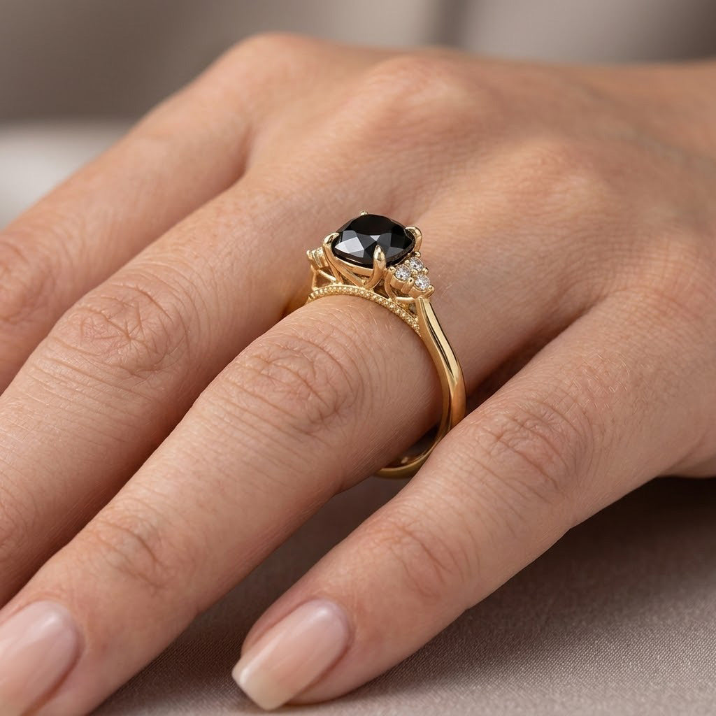 Fancy Black Round Diamond Side-stone Ring
