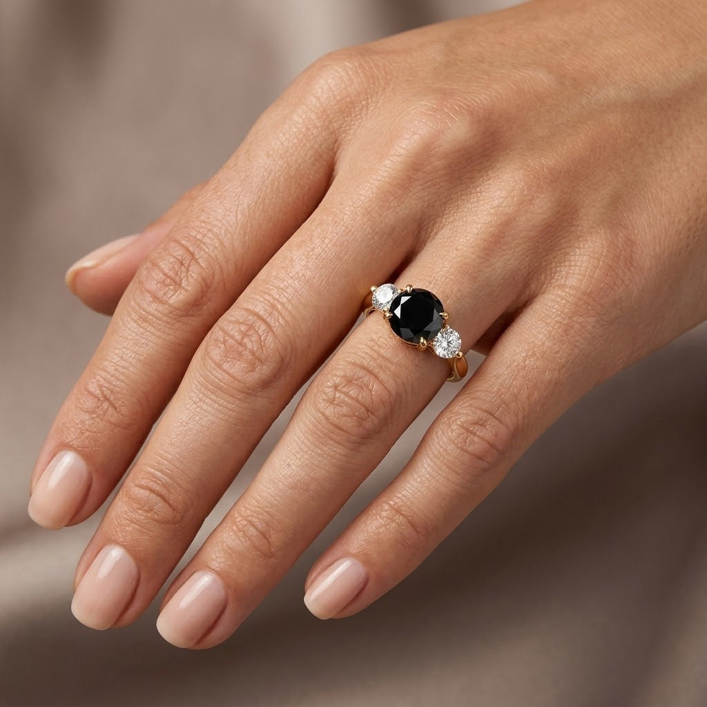 Eleganter schwarzer Dreistein-Diamantring