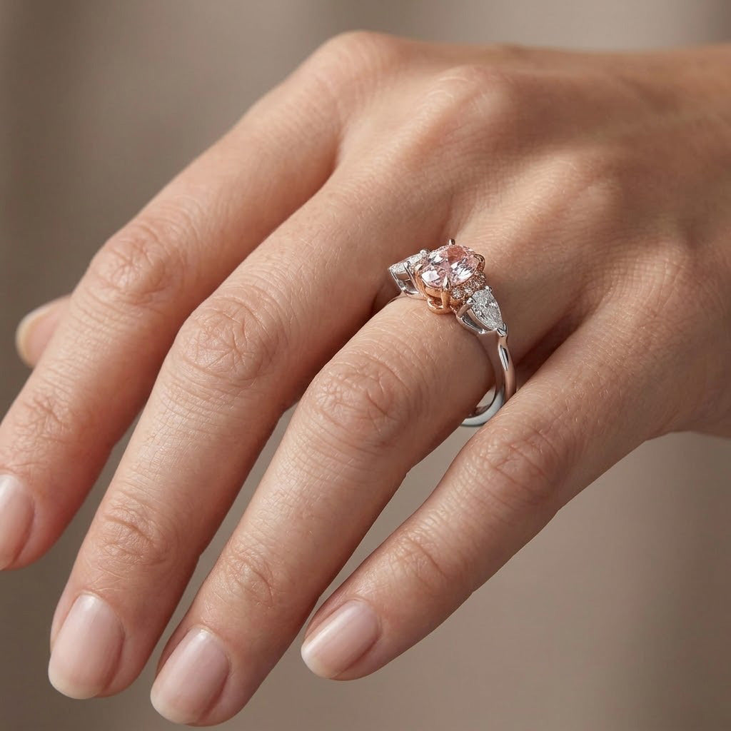 Ring mit ovalem und birnenförmigem rosa Diamanten und Halb-Halo