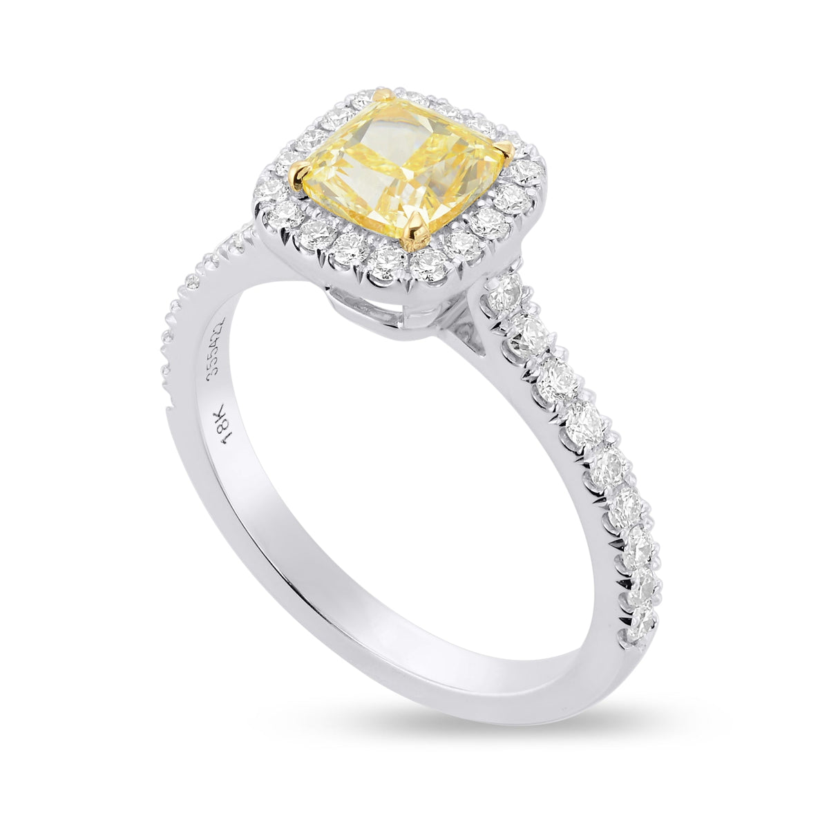 Ring mit Halo und einem kissenförmigen, intensiv gelben Diamanten