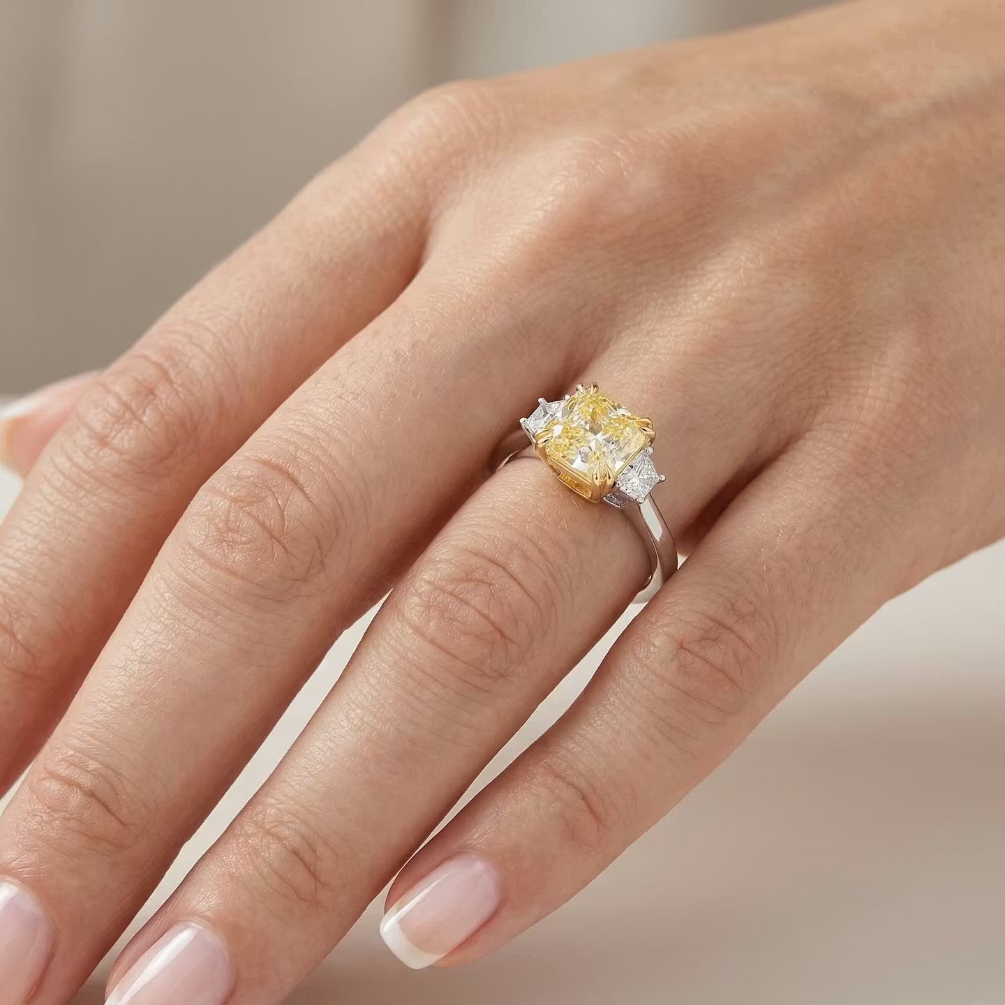 Fancy Yellow Cushion Three-stone Ring