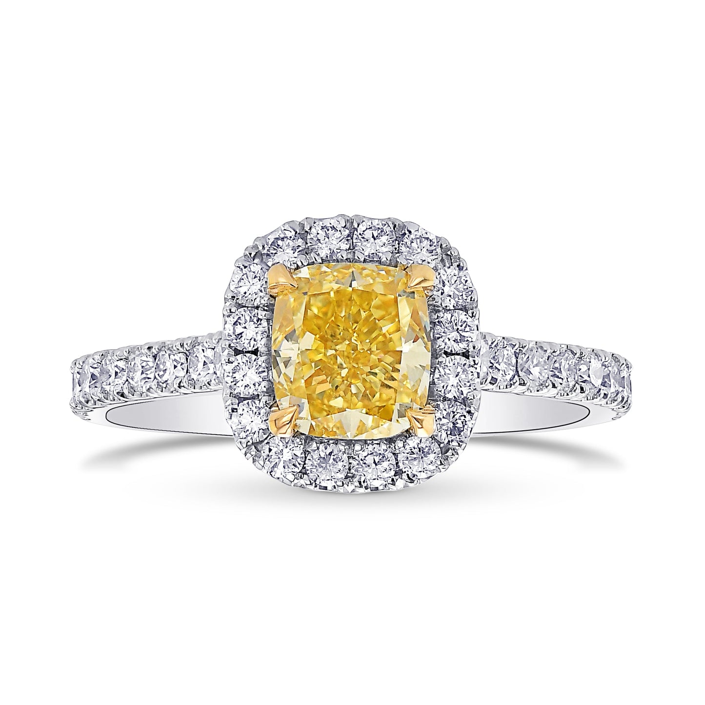 Ring mit Halo und kissenförmigem, leuchtend gelbem Diamanten