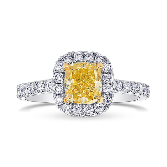 Ring mit Halo und kissenförmigem, leuchtend gelbem Diamanten