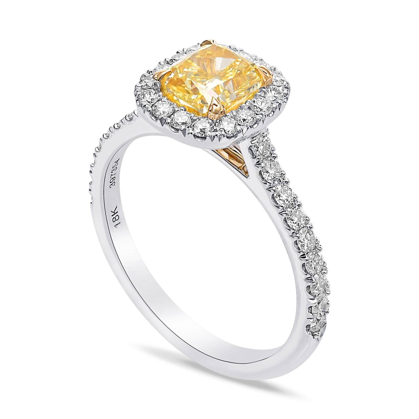 Ring mit Halo und kissenförmigem, leuchtend gelbem Diamanten