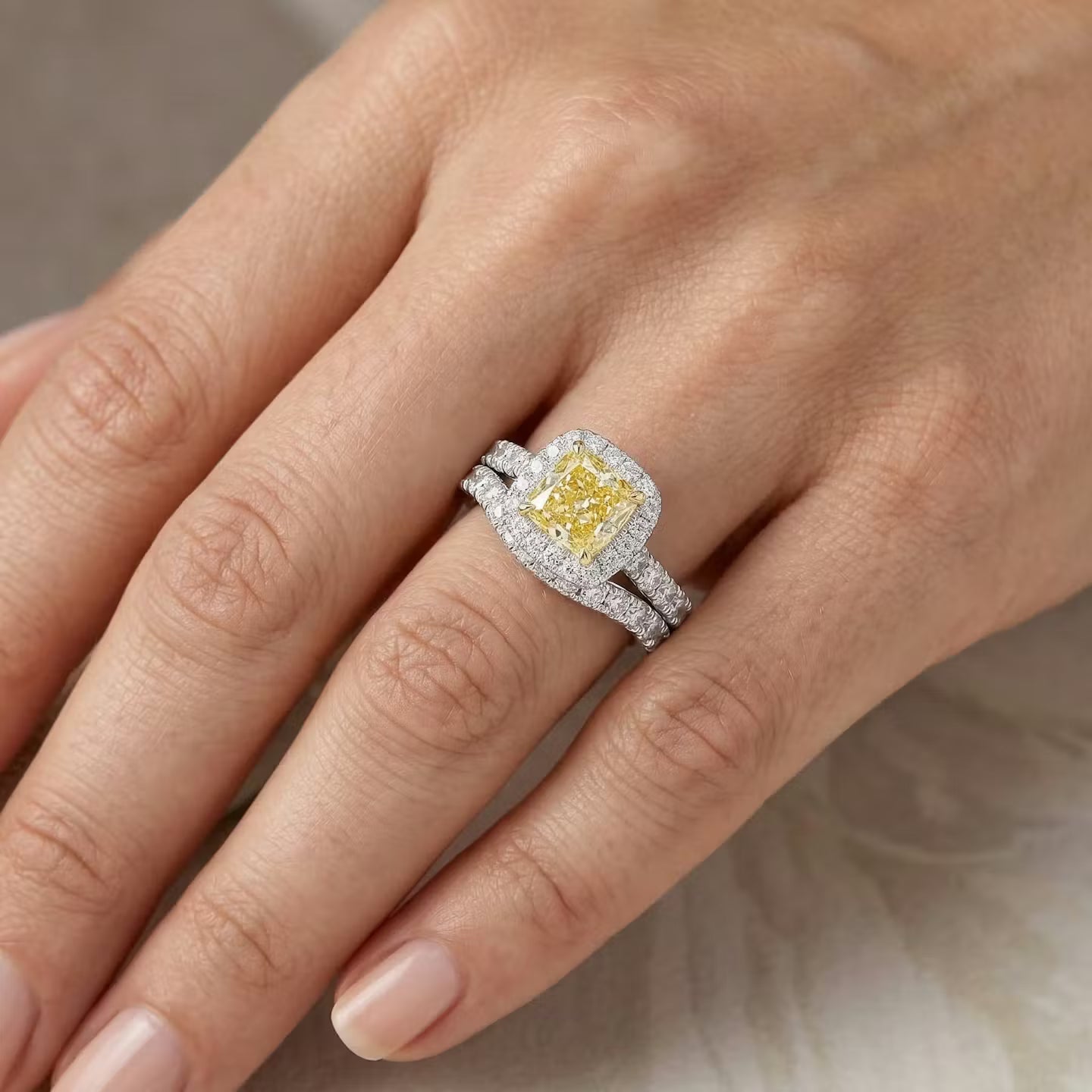 Fancy Light Yellow Cushion Halo Diamond Ring Set