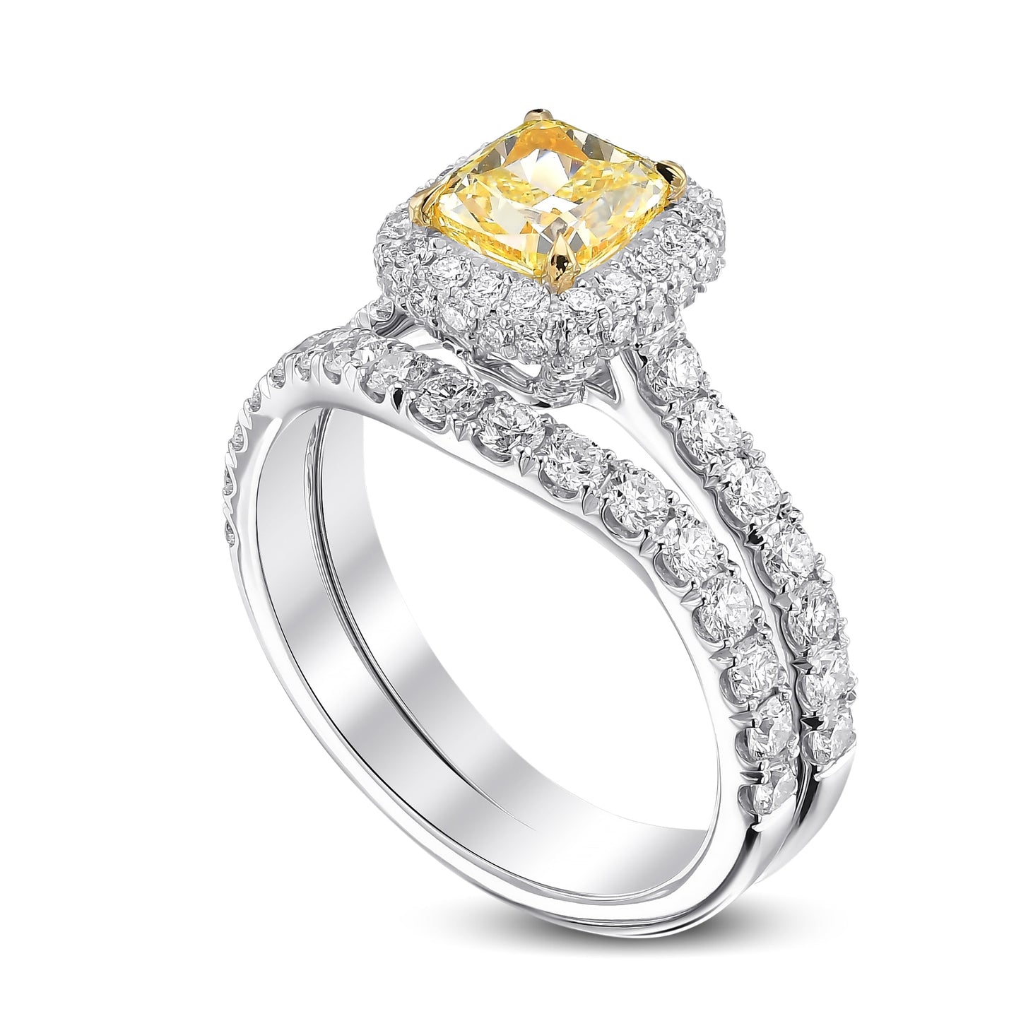 Fancy Light Yellow Cushion Halo Diamond Ring Set