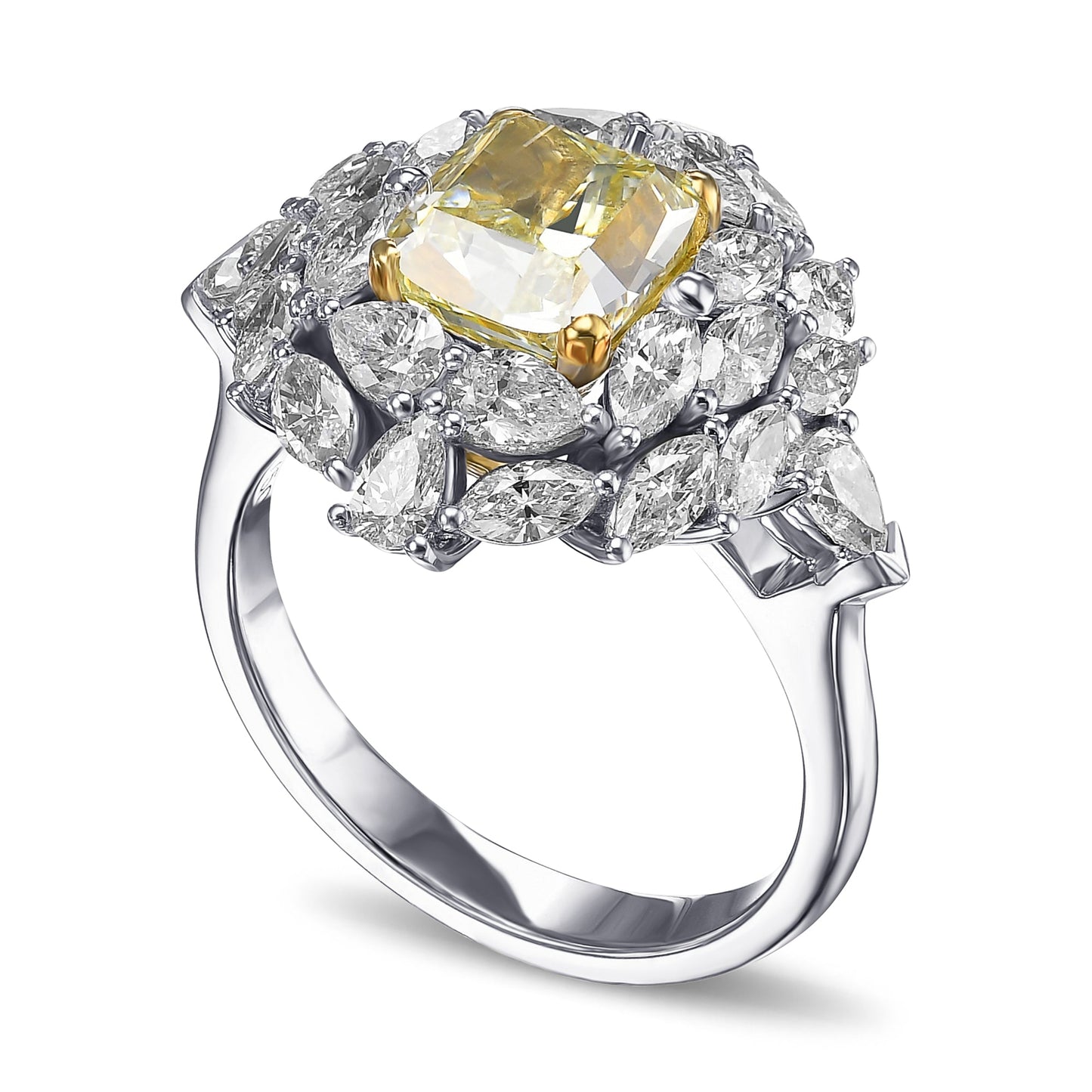 Außergewöhnlicher Ring mit grünem und gelbem Kissen-Diamanten