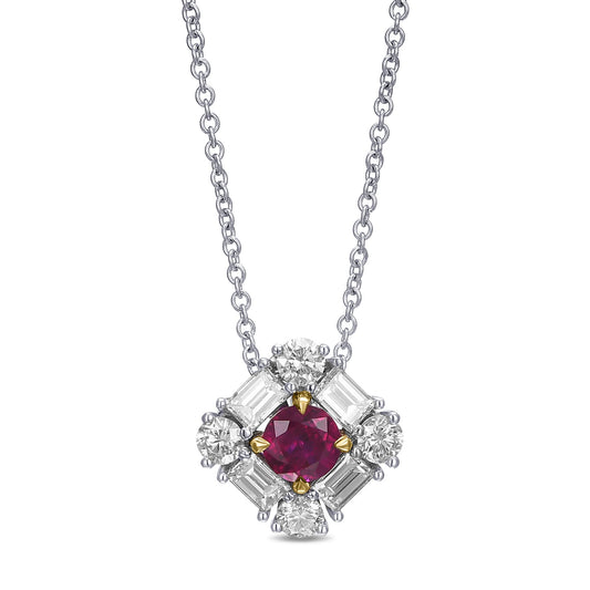 Außergewöhnlicher runder Anhänger mit rotem Rubin und Diamant-Halo