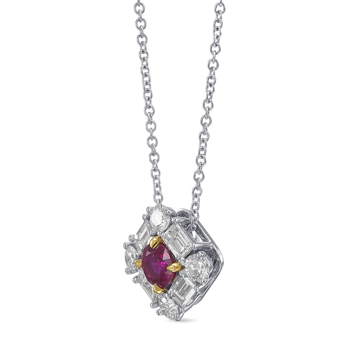 Außergewöhnlicher runder Anhänger mit rotem Rubin und Diamant-Halo