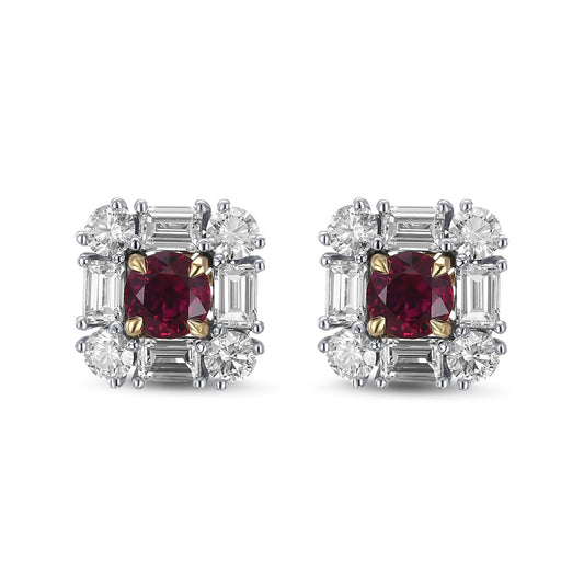Außergewöhnliche runde Ohrstecker mit rotem Rubin und Diamant-Halo