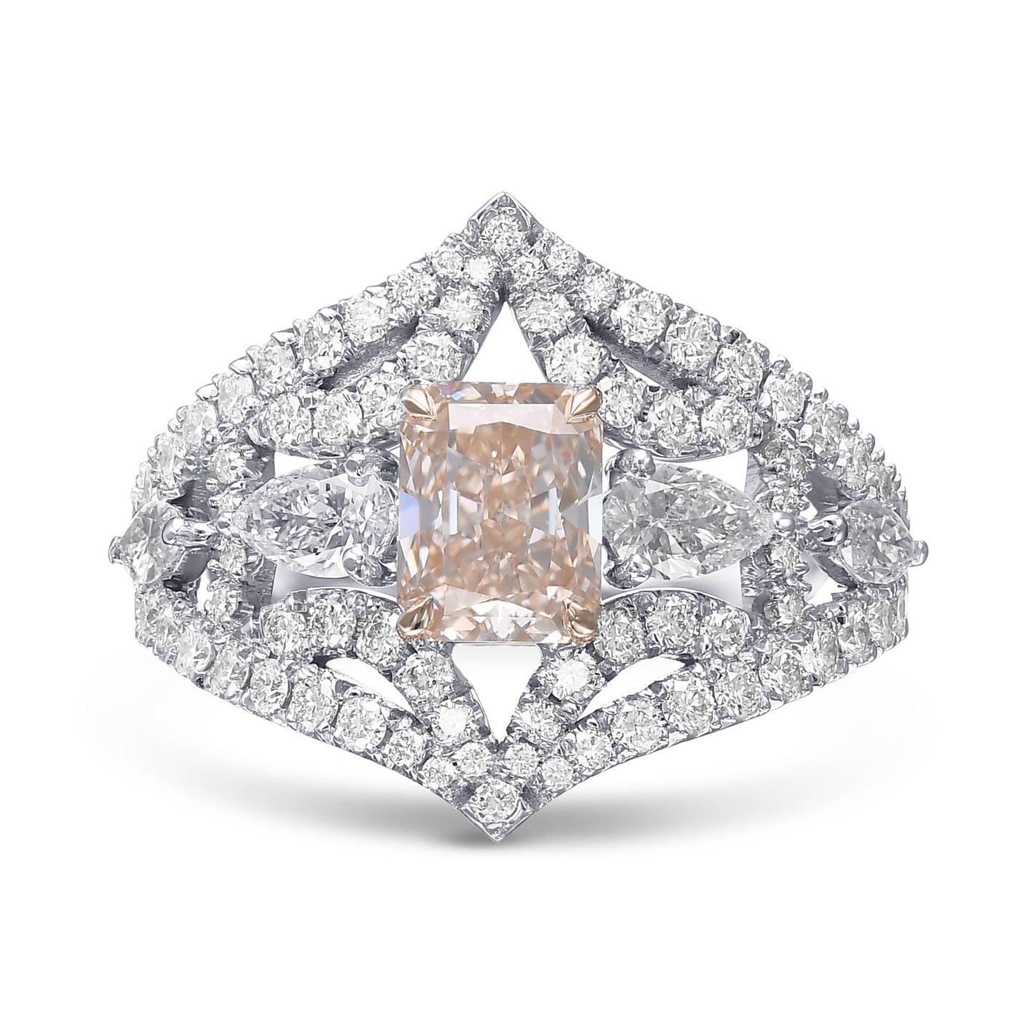 Extraordinary Fancy Light Pink Brown Radiant Diamond Side-stone Ring