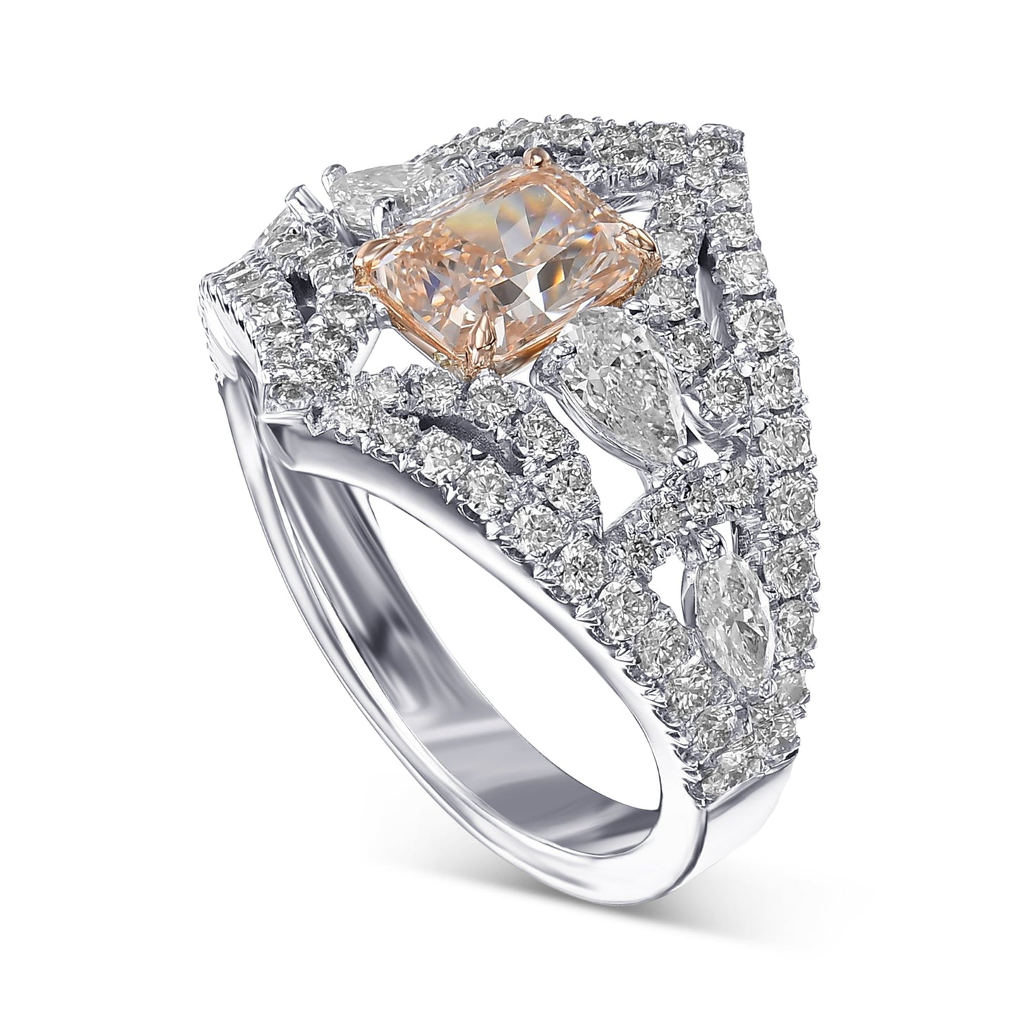 Extraordinary Fancy Light Pink Brown Radiant Diamond Side-stone Ring