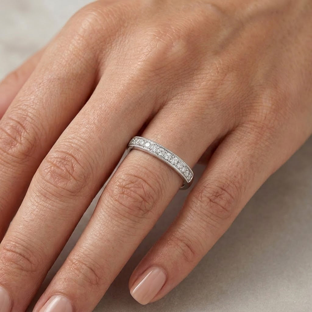 Round Brilliant Diamond Half Eternity Pave Set Wedding Ring