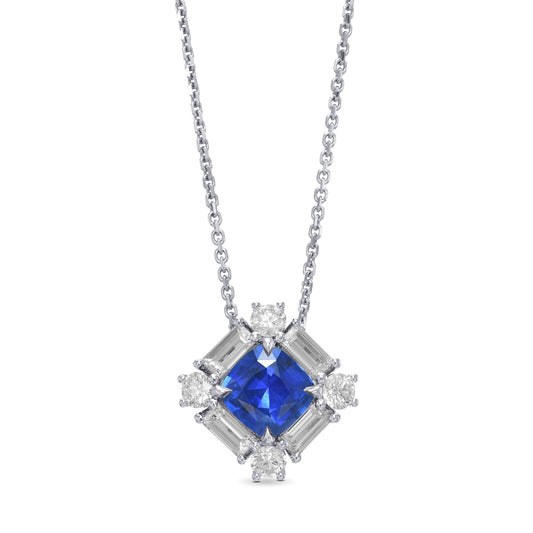 Anhänger mit kissenförmigem blauem Saphir und Baguette-Diamanten