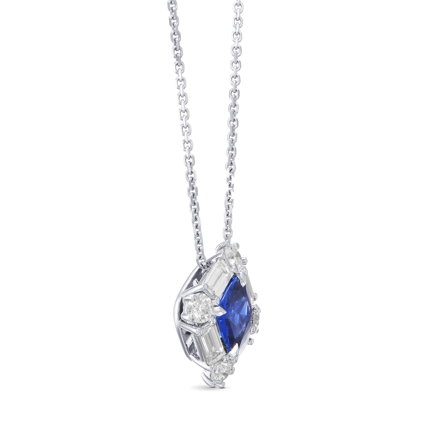Cushion Blue Sapphire and Baguette Diamond Halo Pendant