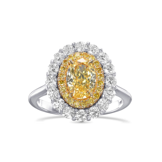 Ovaler Diamantring mit doppeltem Halo und intensivem gelbem Schliff