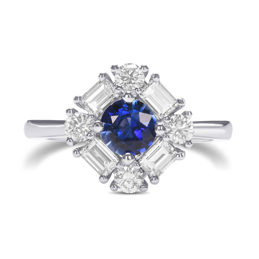 Runder blauer Saphir und Diamant-Halo-Ring