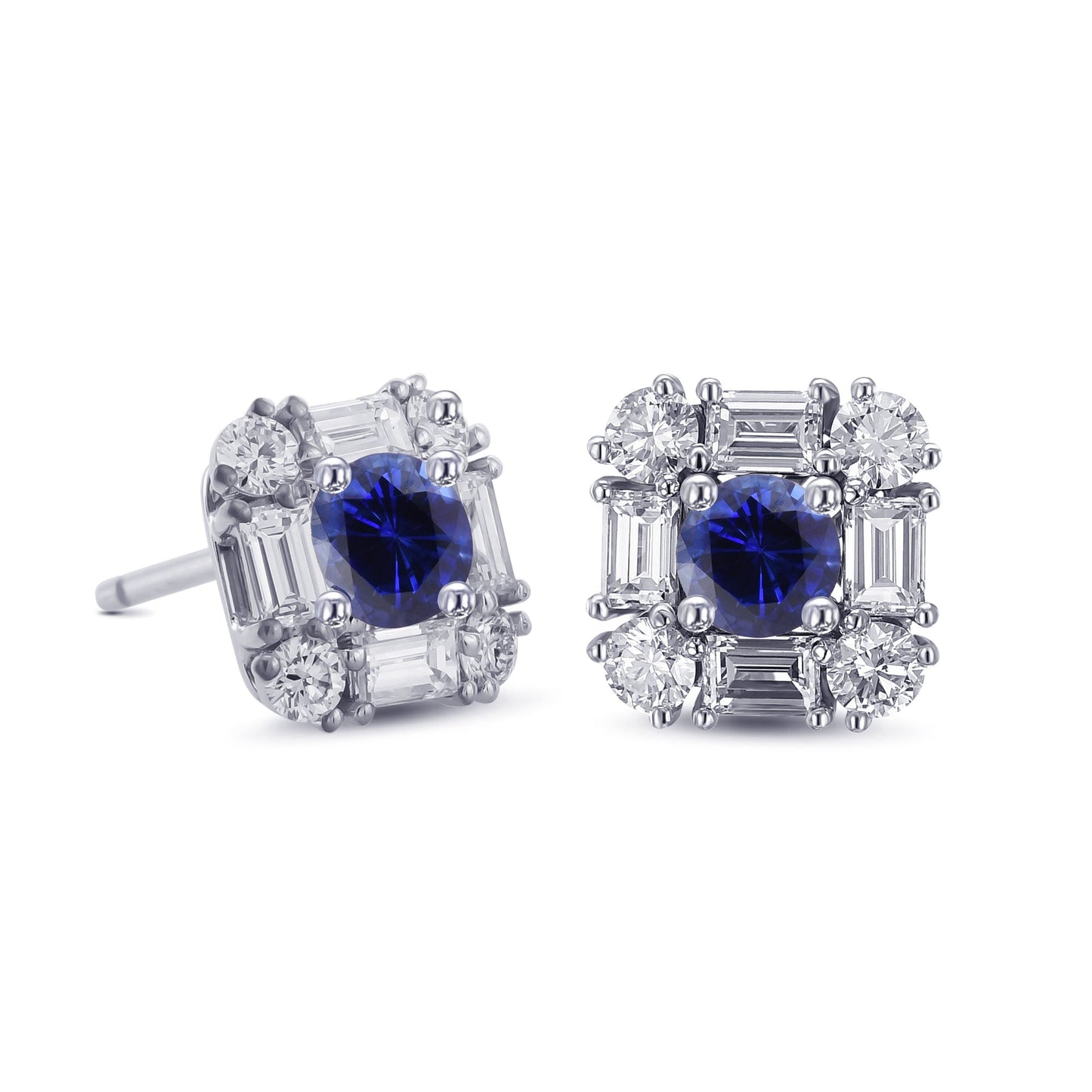 Ohrstecker mit blauem, rundem Saphir und Diamant-Halo