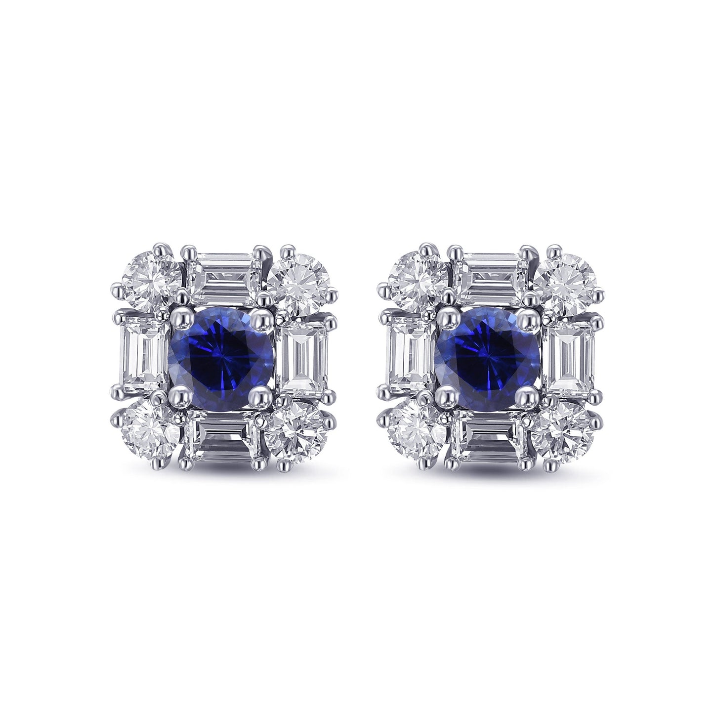 Ohrstecker mit blauem, rundem Saphir und Diamant-Halo
