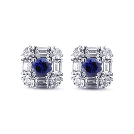Ohrstecker mit blauem, rundem Saphir und Diamant-Halo