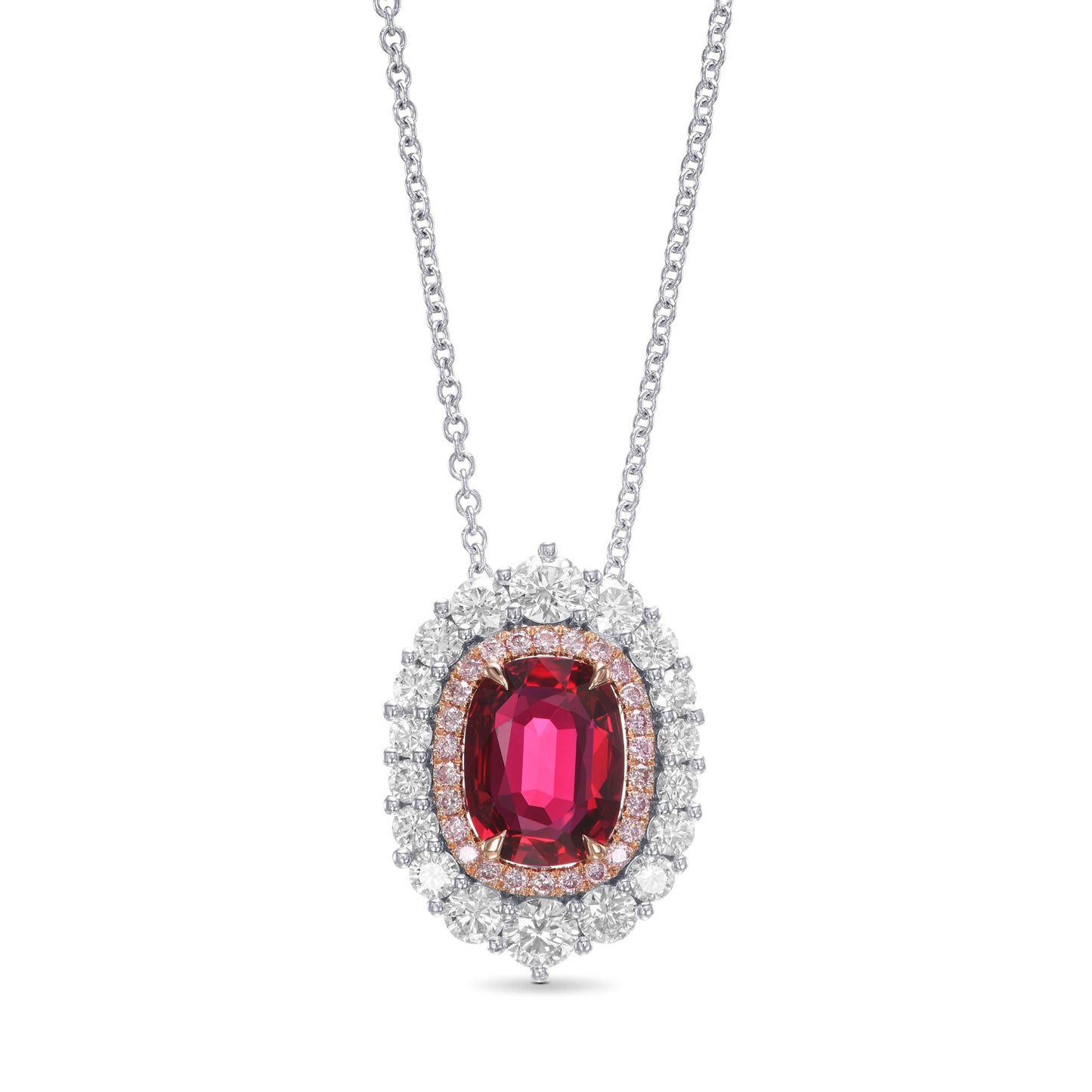 Ovaler Anhänger mit doppeltem Halo aus Taubenblutrubin und Diamanten