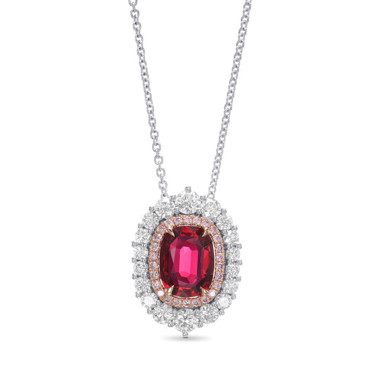Ovaler Anhänger mit doppeltem Halo aus Taubenblutrubin und Diamanten