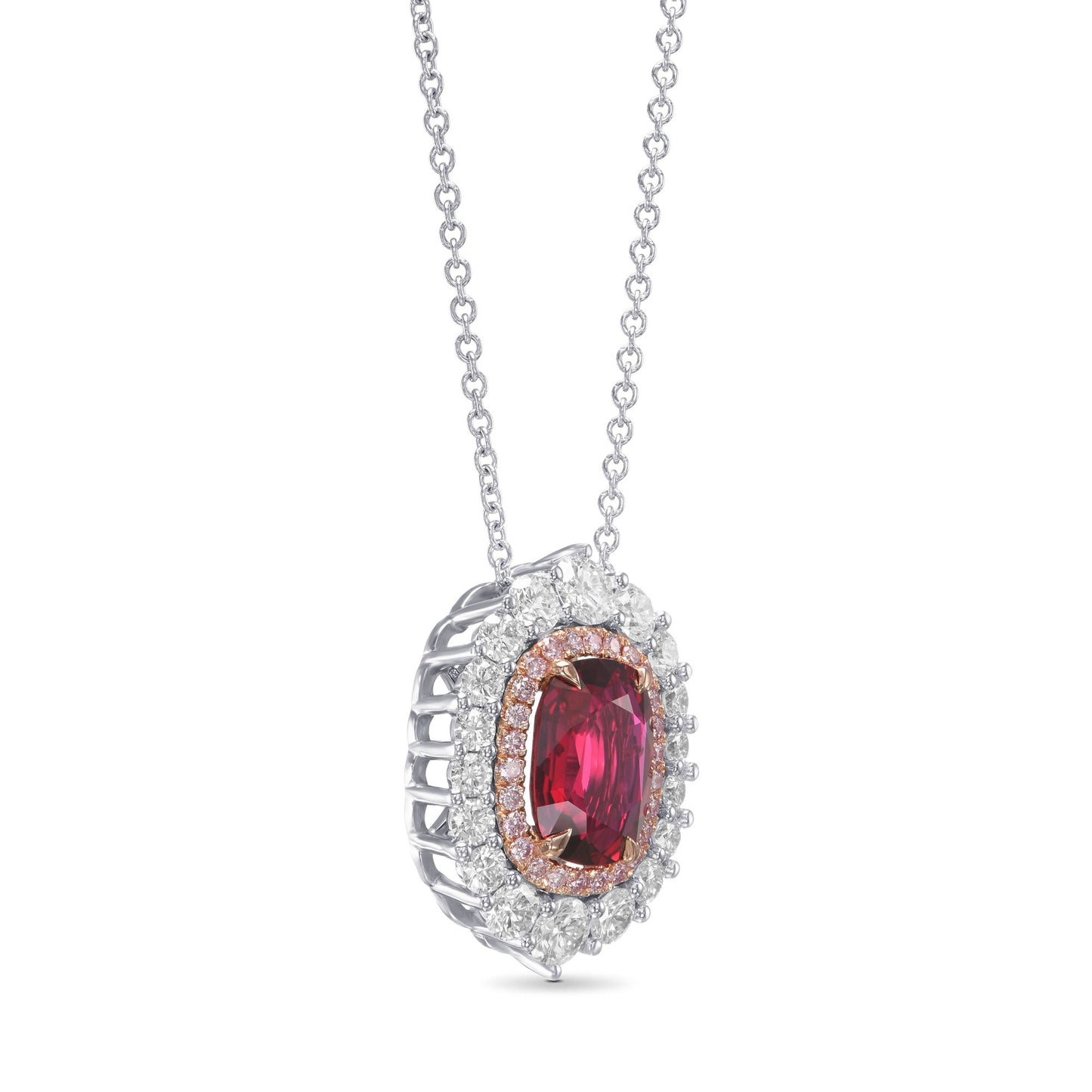 Ovaler Anhänger mit doppeltem Halo aus Taubenblutrubin und Diamanten
