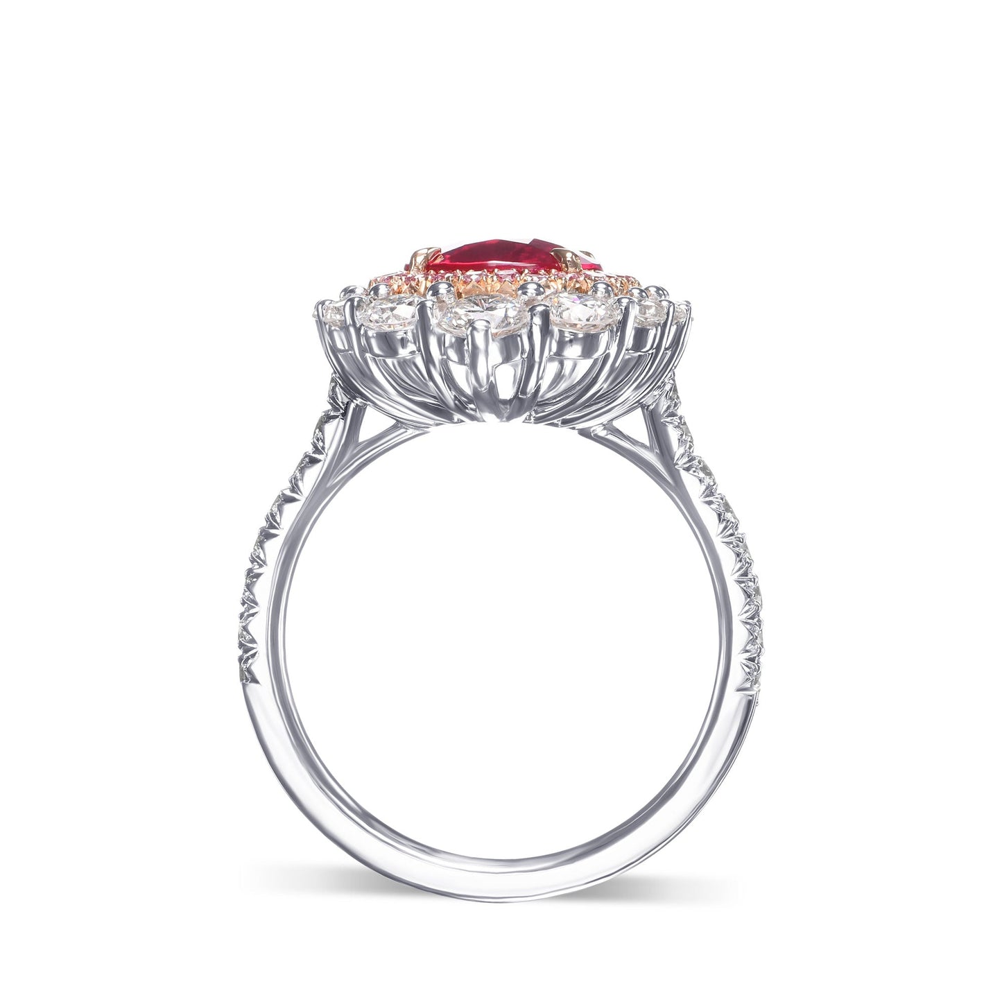 Kissenförmiger Ring mit Mosambik-Rubin und Diamanten, doppelter Halo