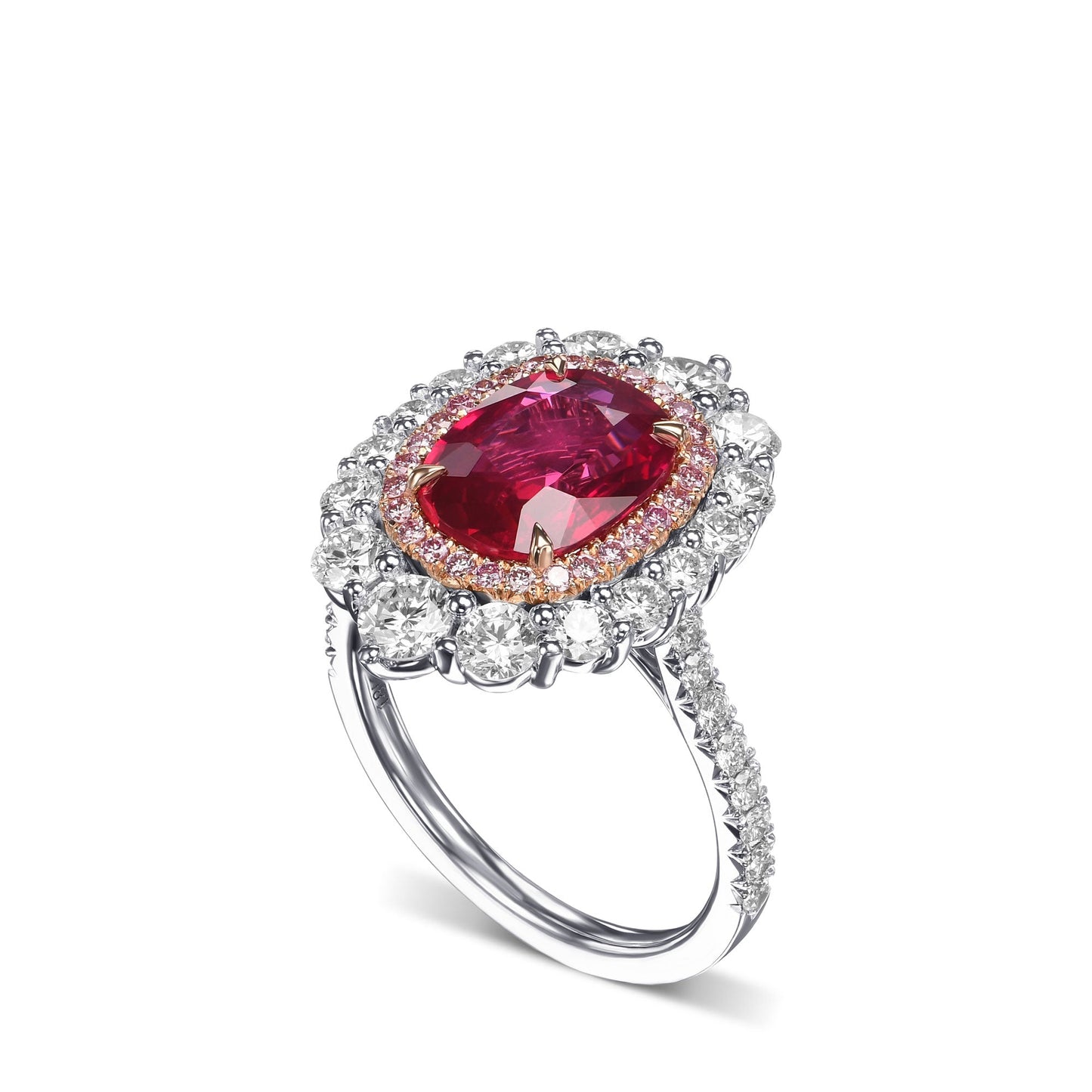 Kissenförmiger Ring mit Mosambik-Rubin und Diamanten, doppelter Halo