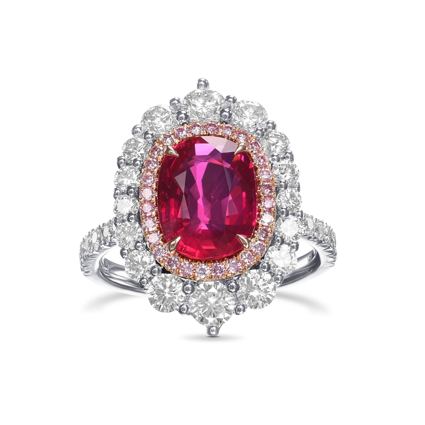 Kissenförmiger Ring mit Mosambik-Rubin und Diamanten, doppelter Halo