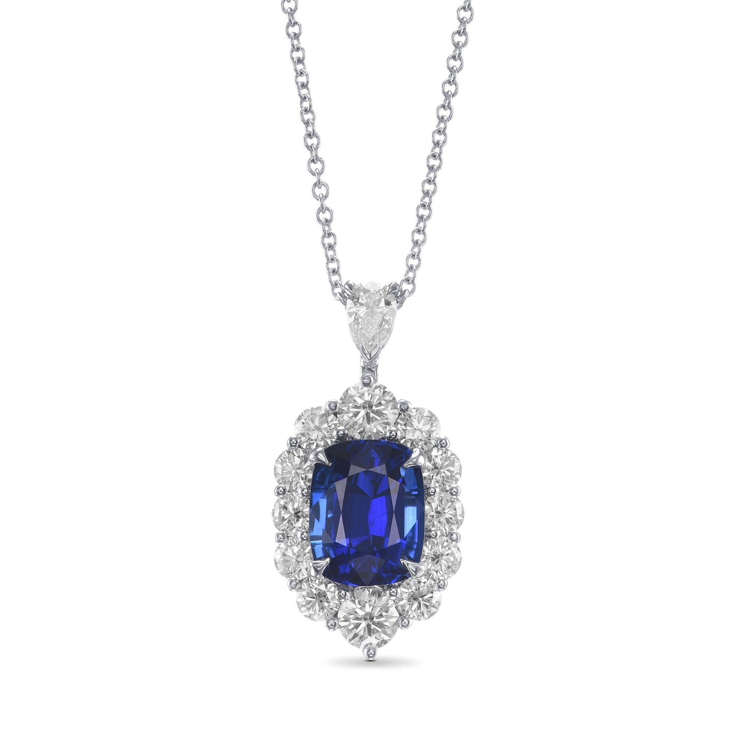 Anhänger mit königsblauem Saphir im Kissen-Design und Diamant-Halo