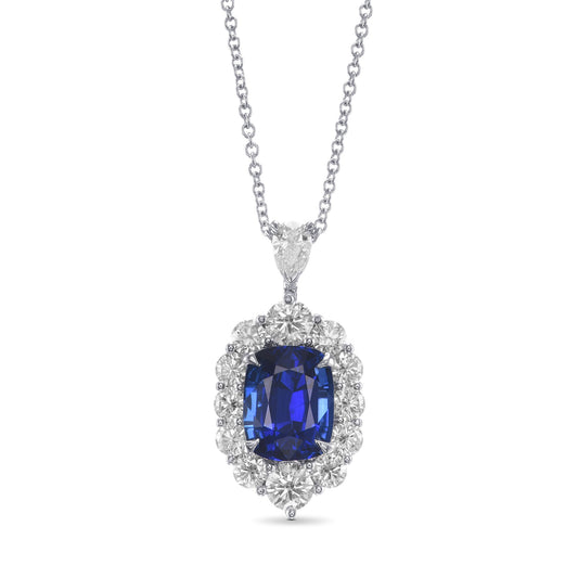 Anhänger mit königsblauem Saphir im Kissen-Design und Diamant-Halo