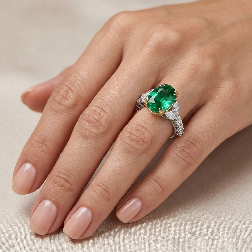 Ovaler Ring mit Smaragd und Diamanten als Seitenstein