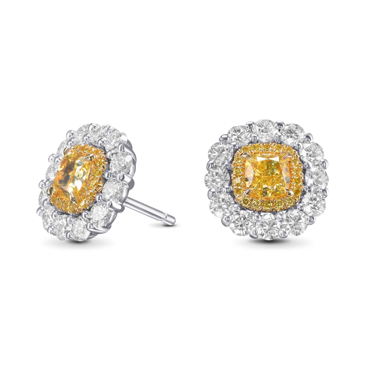 Ausgefallene, intensiv gelbe Kissen-Diamanten-Ohrringe mit doppeltem Halo