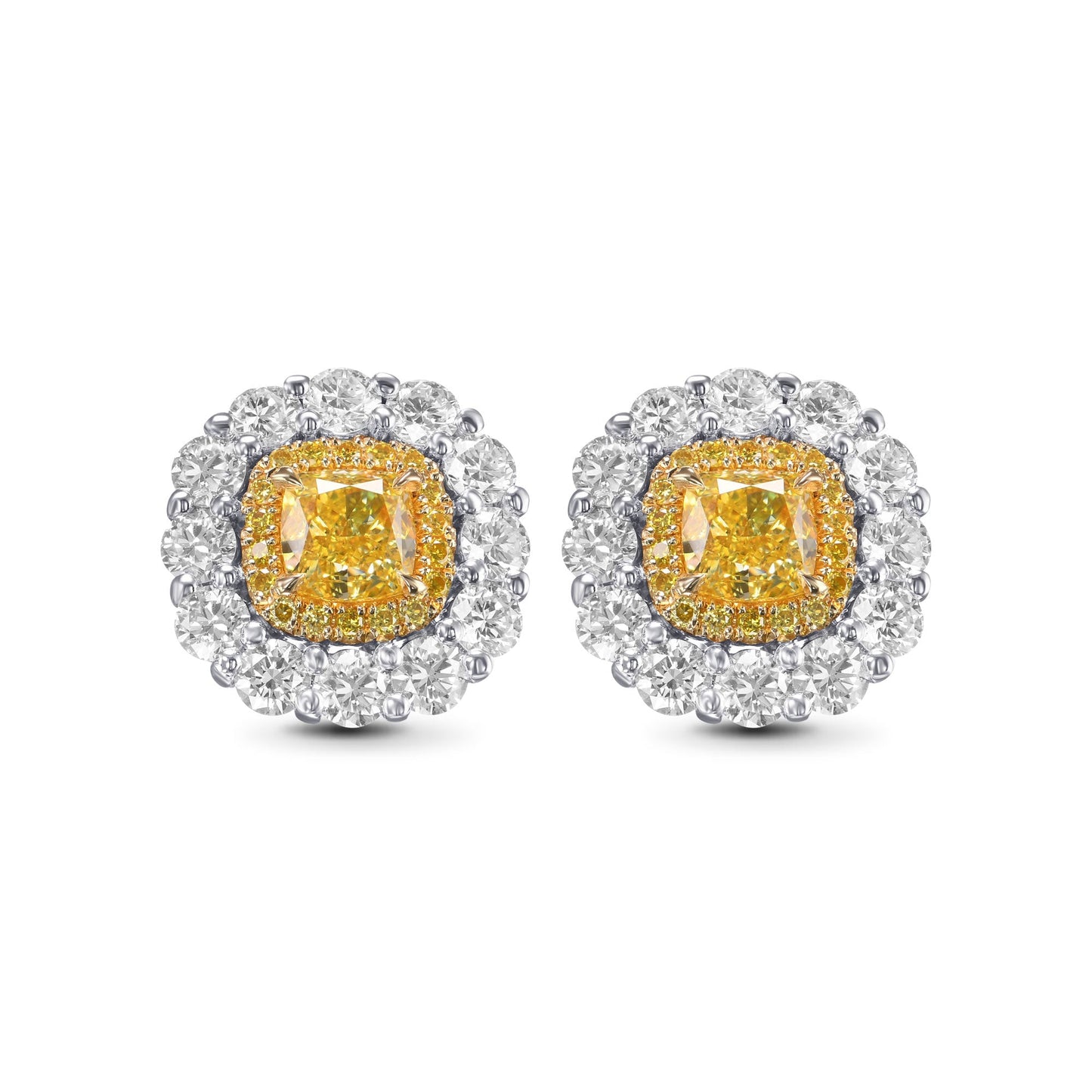 Ausgefallene, intensiv gelbe Kissen-Diamanten-Ohrringe mit doppeltem Halo