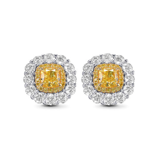 Ausgefallene, intensiv gelbe Kissen-Diamanten-Ohrringe mit doppeltem Halo