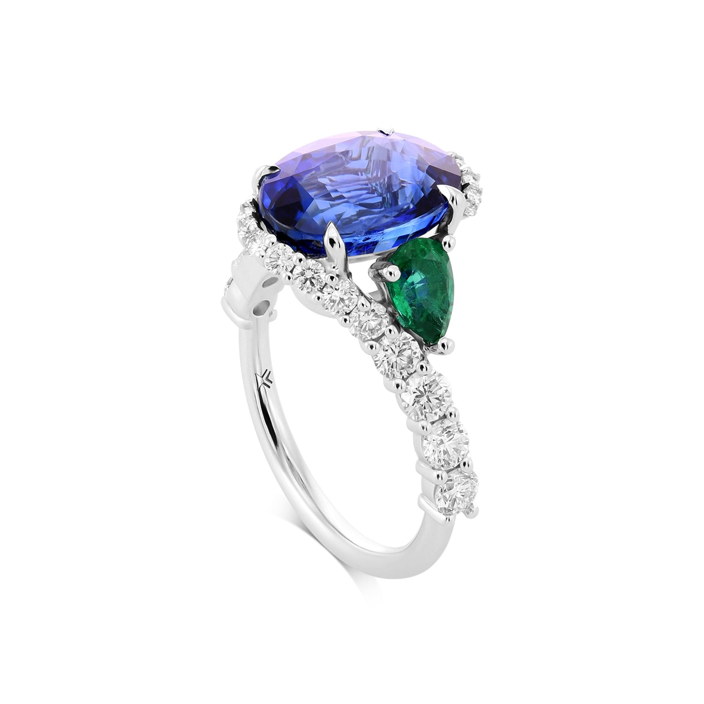 Royal Blue Oval Sapphire, Pear Emeralds, and Diamond Ring