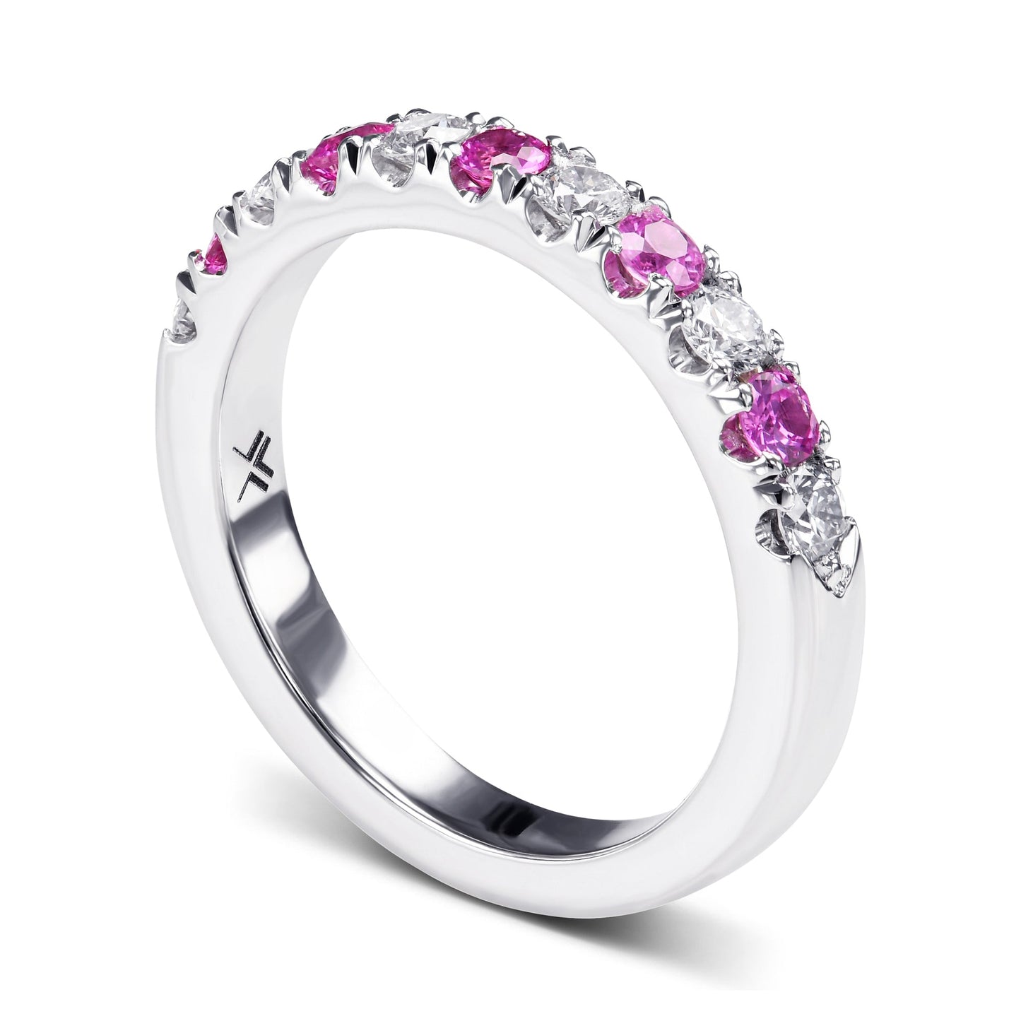 Ehering mit rosa Saphir und Diamanten im Brillantschliff