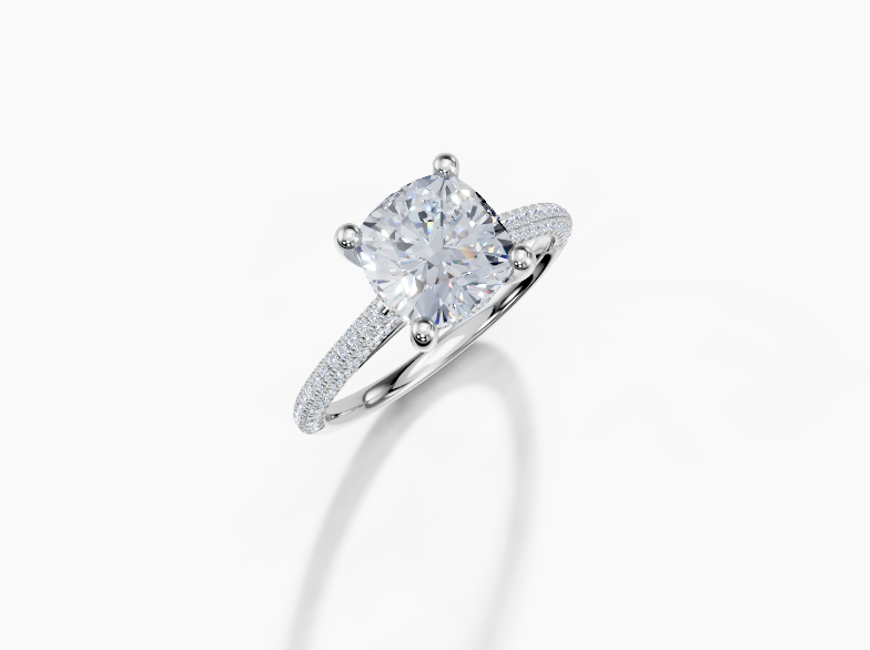 Platinum Cushion 2 Carat D/E/F VS/VVS Cathedral U Micro Hidden Halo Diamond Ring