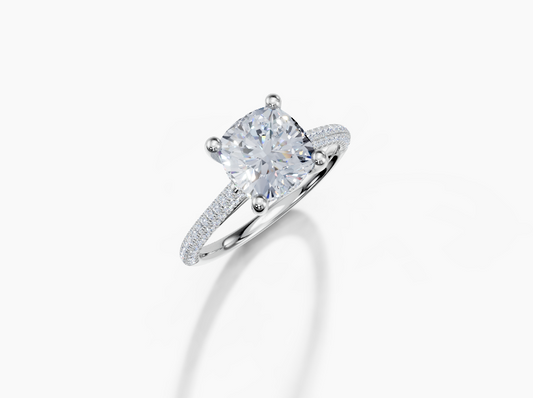 Platinum Cushion 2 Carat D/E/F VS/VVS Cathedral U Micro Hidden Halo Diamond Ring