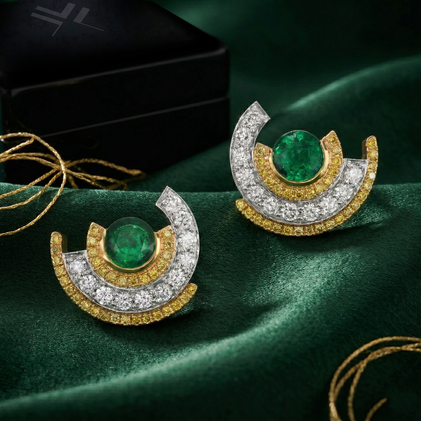 Round Emerald and Diamond Couture Earrings