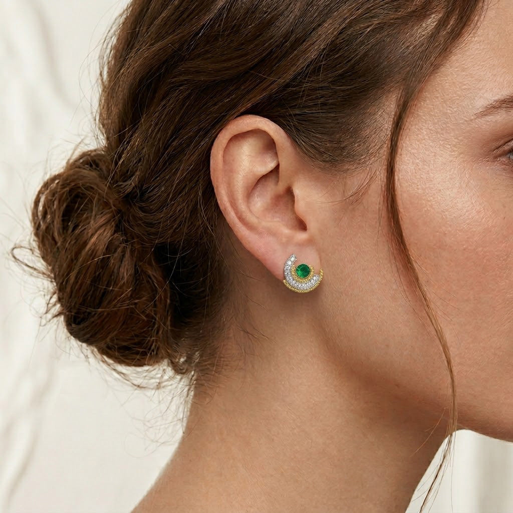 Round Emerald and Diamond Couture Earrings